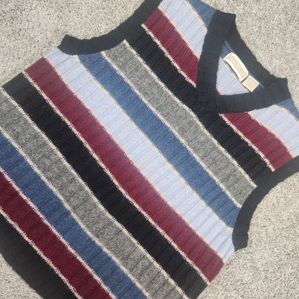 Vintage Maurices Sweater Vest Women L 100% Shetland Wool Striped Knit Preppy